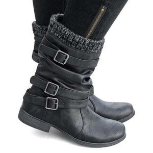 Black Mid-Calf Boot with Sock Detail and Triple Buckles